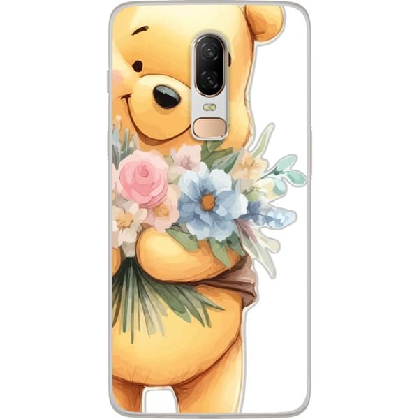 OnePlus 6 Gjennomsiktig deksel Nalle Puh med blomster - klassisk barnefavoritt i en blomstrende vår miljø