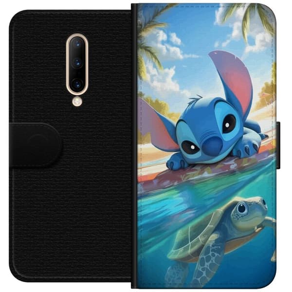 OnePlus 7 Pro Tegnebogsetui Stitch med skildpadde - sød blå alien i tropisk strandmiljø fra Disney