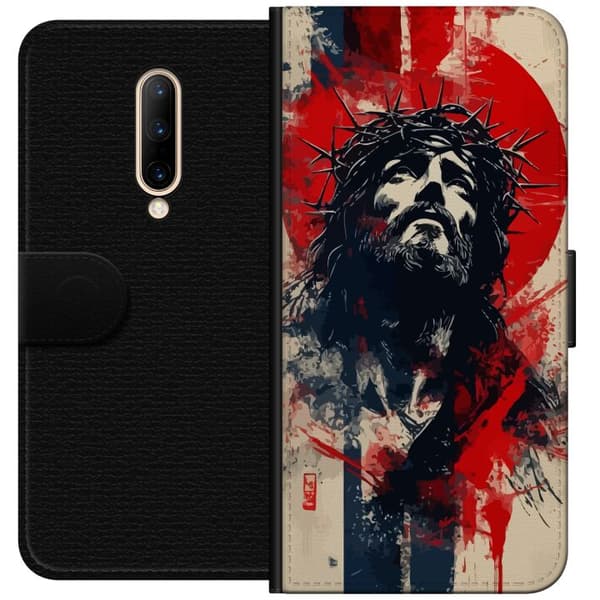 OnePlus 7 Pro Tegnebogsetui Jesus med kors - kristent motiv med stærk symbolik om tro og håb