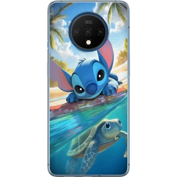 OnePlus 7T Gennemsigtig cover Stitch med skildpadde - sød blå alien i tropisk strandmiljø fra Disney