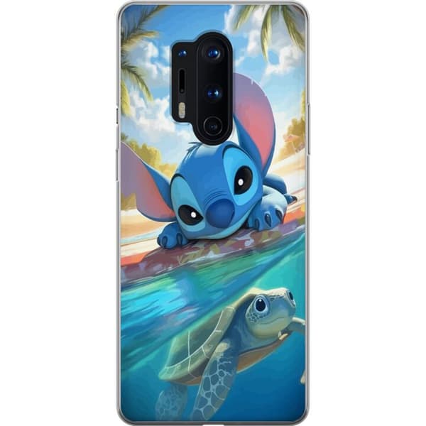 OnePlus 8 Pro Läpinäkyvä kuori Stitch kilpikonnalla - söpö sininen avaruusolento trooppisessa rantaympäristössä Disneyn tapaan