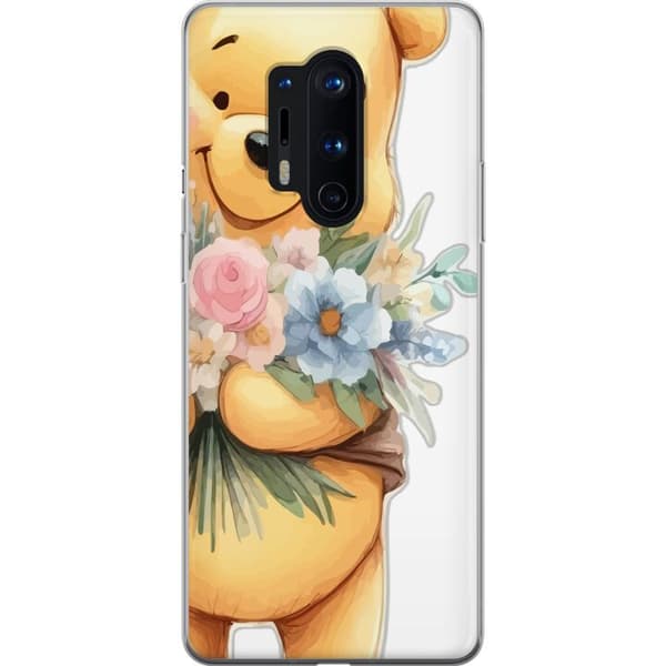 OnePlus 8 Pro Läpinäkyvä kuori Nalle Puh kukkien kanssa - klassinen lasten suosikki kukkivassa keväisympäristössä