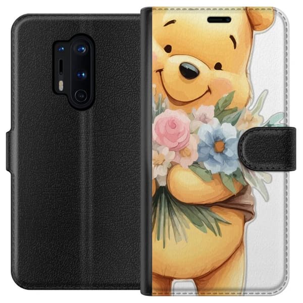 OnePlus 8 Pro Lompakkokotelo Nalle Puh kukkien kanssa - klassinen lasten suosikki kukkivassa keväisympäristössä