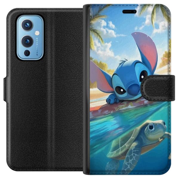 OnePlus 9 Tegnebogsetui Stitch med skildpadde - sød blå alien i tropisk strandmiljø fra Disney