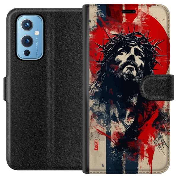 OnePlus 9 Tegnebogsetui Jesus med kors - kristent motiv med stærk symbolik om tro og håb
