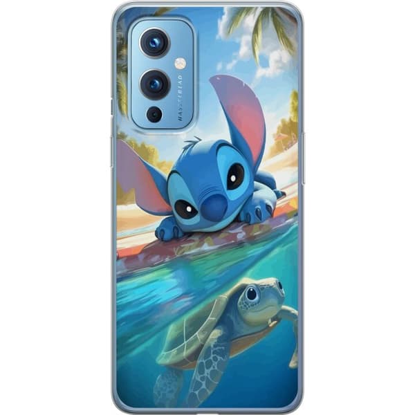 OnePlus 9 Gennemsigtig cover Stitch med skildpadde - sød blå alien i tropisk strandmiljø fra Disney