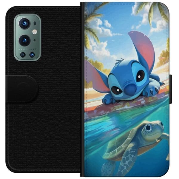 OnePlus 9 Pro Tegnebogsetui Stitch med skildpadde - sød blå alien i tropisk strandmiljø fra Disney