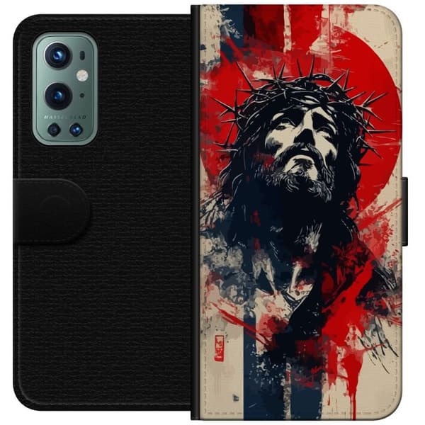 OnePlus 9 Pro Tegnebogsetui Jesus med kors - kristent motiv med stærk symbolik om tro og håb