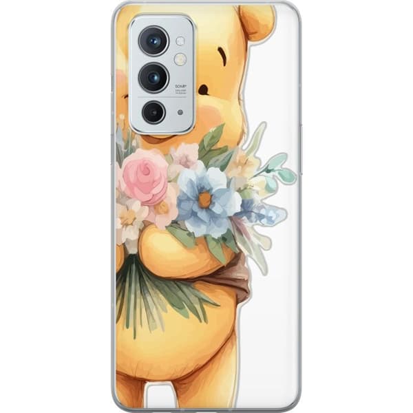 OnePlus 9RT 5G Läpinäkyvä kuori Nalle Puh kukkien kanssa - klassinen lasten suosikki kukkivassa keväisympäristössä
