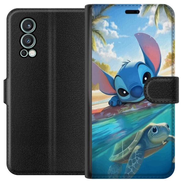 OnePlus Nord 2 5G Lommeboketui Stitch med skilpadde - søt blå alien i tropisk strandmiljø fra Disney