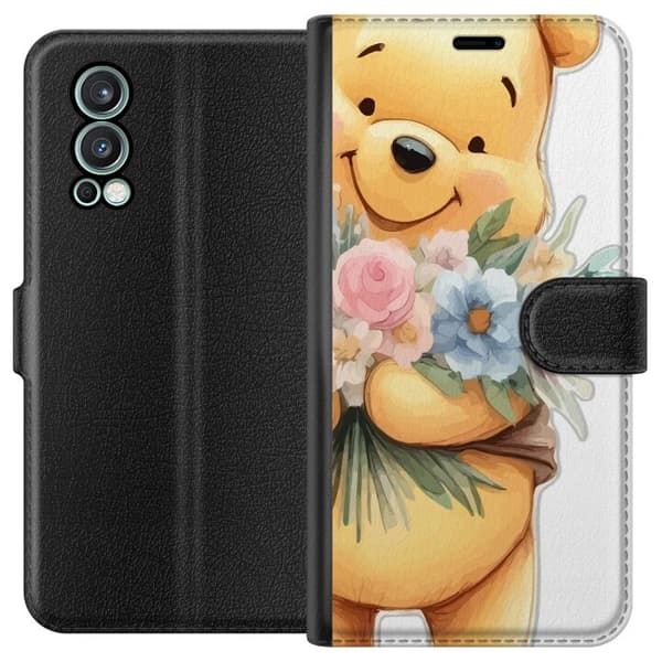 OnePlus Nord 2 5G Lompakkokotelo Nalle Puh kukkien kanssa - klassinen lasten suosikki kukkivassa keväisympäristössä