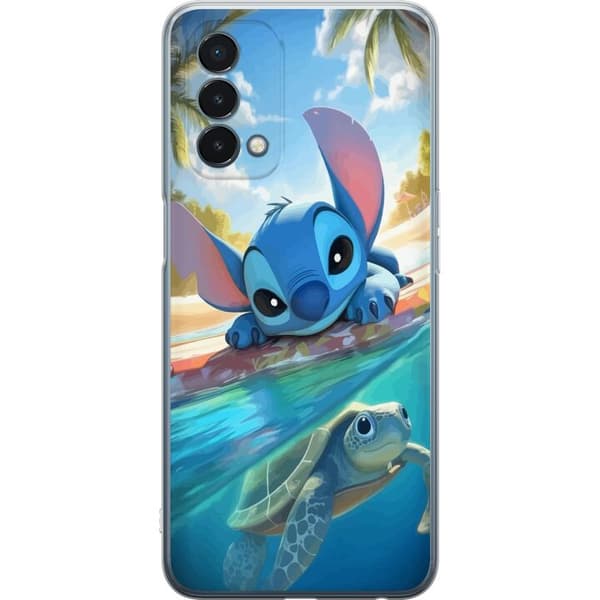 OnePlus Nord N200 5G Gjennomsiktig deksel Stitch med skilpadde - søt blå alien i tropisk strandmiljø fra Disney