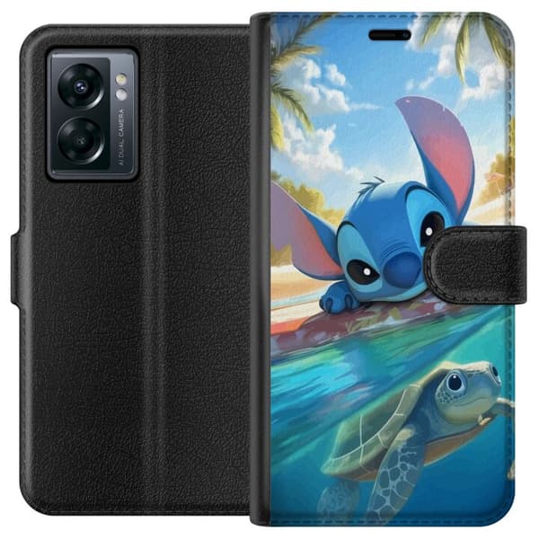 OnePlus Nord N300 Tegnebogsetui Stitch med skildpadde - sød blå alien i tropisk strandmiljø fra Disney