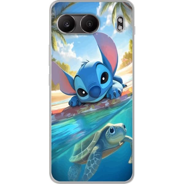 OnePlus Nord 4 Läpinäkyvä kuori Stitch kilpikonnalla - söpö sininen avaruusolento trooppisessa rantaympäristössä Disneyn tapaan
