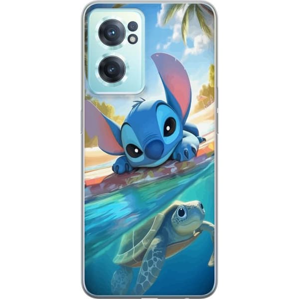 OnePlus Nord CE 2 5G Gjennomsiktig deksel Stitch med skilpadde - søt blå alien i tropisk strandmiljø fra Disney