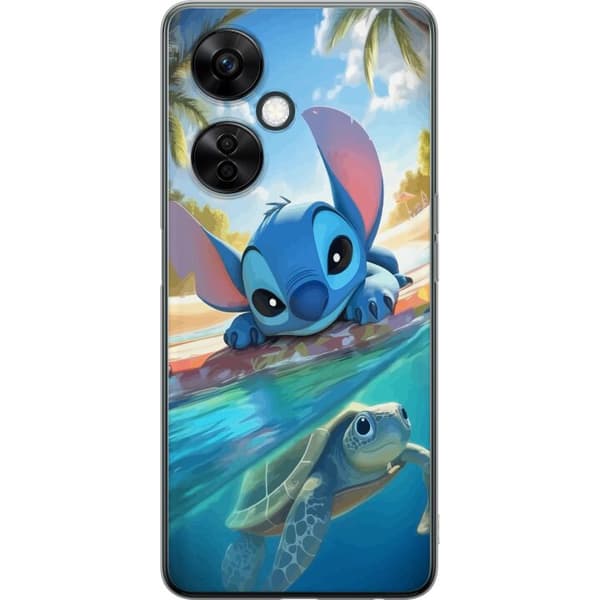 OnePlus Nord CE3 Genomskinligt Skal Stitch med sköldpadda – söt blå alien i tropisk strandmiljö från Disney