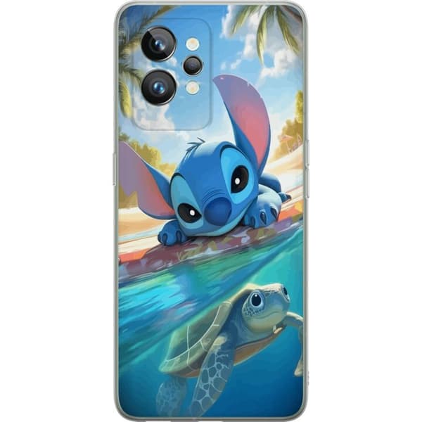 Realme GT2 Pro Gennemsigtig cover Stitch med skildpadde - sød blå alien i tropisk strandmiljø fra Disney