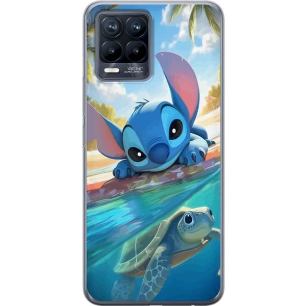 Realme 8 Gjennomsiktig deksel Stitch med skilpadde - søt blå alien i tropisk strandmiljø fra Disney