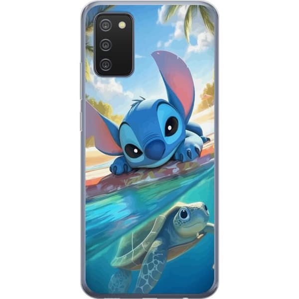 Samsung Galaxy A02s Läpinäkyvä kuori Stitch kilpikonnalla - söpö sininen avaruusolento trooppisessa rantaympäristössä Disneyn tapaan