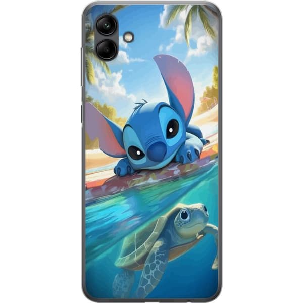 Samsung Galaxy A05 Gjennomsiktig deksel Stitch med skilpadde - søt blå alien i tropisk strandmiljø fra Disney