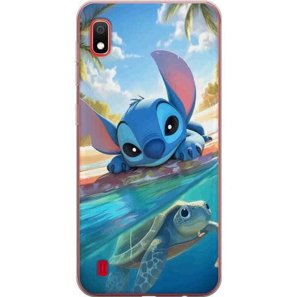 Samsung Galaxy A10 Genomskinligt Skal Stitch med sköldpadda – söt blå alien i tropisk strandmiljö från Disney