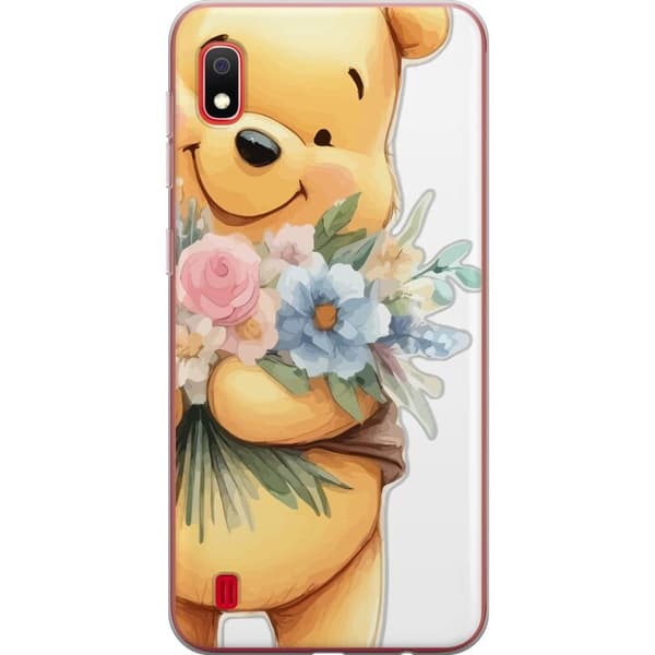 Samsung Galaxy A10 Genomskinligt Skal Nalle Puh med blommor – klassisk barnfavorit i blommande vårmiljö