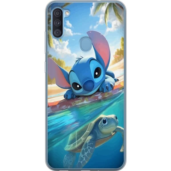 Samsung Galaxy A11 Läpinäkyvä kuori Stitch kilpikonnalla - söpö sininen avaruusolento trooppisessa rantaympäristössä Disneyn tapaan