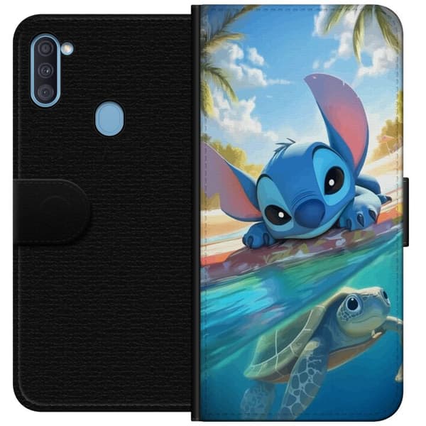 Samsung Galaxy A11 Lommeboketui Stitch med skilpadde - søt blå alien i tropisk strandmiljø fra Disney
