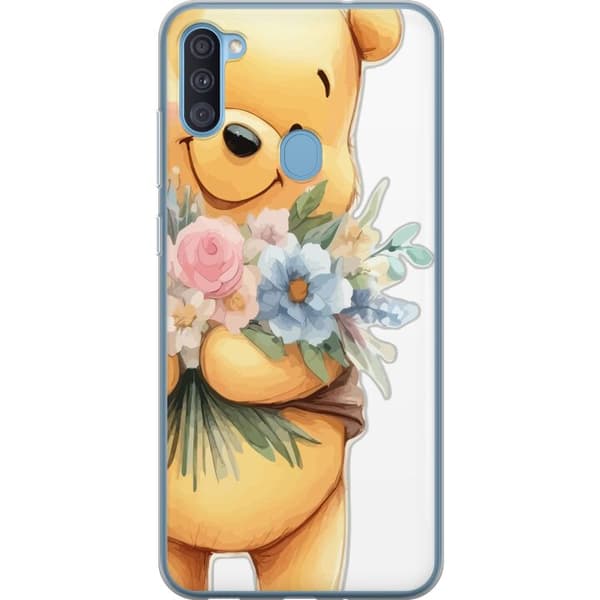 Samsung Galaxy A11 Gennemsigtig cover Nalle Puh med blomster - klassisk børnefavorit i en blomstrende forårs miljø