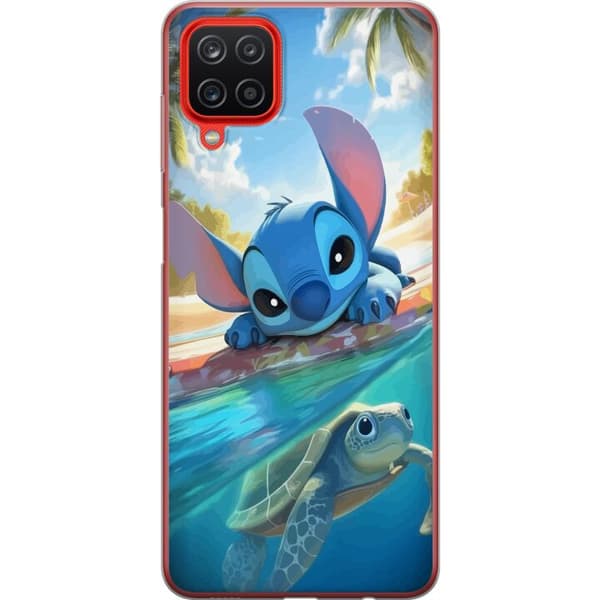 Samsung Galaxy A12 Läpinäkyvä kuori Stitch kilpikonnalla - söpö sininen avaruusolento trooppisessa rantaympäristössä Disneyn tapaan