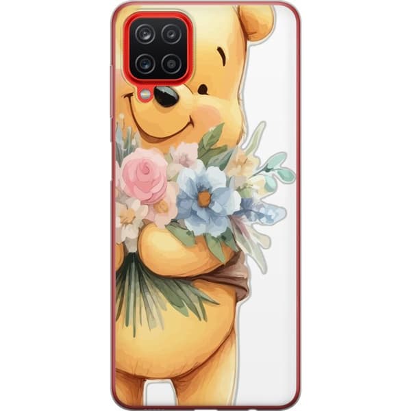 Samsung Galaxy A12 Gennemsigtig cover Nalle Puh med blomster - klassisk børnefavorit i en blomstrende forårs miljø