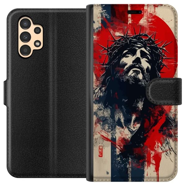 Samsung Galaxy A13 Lompakkokotelo Jeesus ristillä - kristillinen aihe vahvalla symboliikalla uskosta ja toivosta