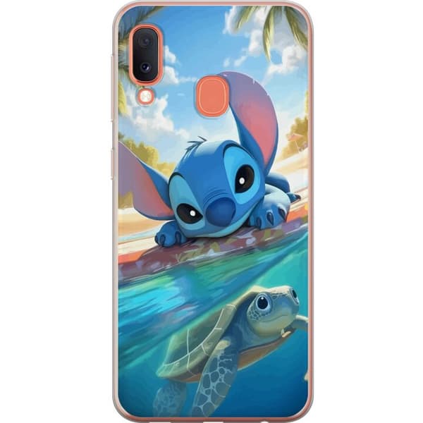 Samsung Galaxy A20e Gennemsigtig cover Stitch med skildpadde - sød blå alien i tropisk strandmiljø fra Disney