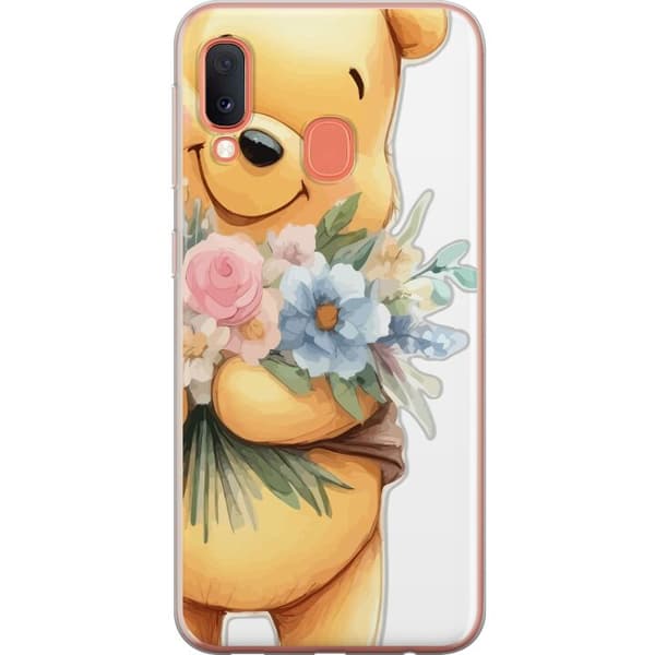 Samsung Galaxy A20e Gennemsigtig cover Nalle Puh med blomster - klassisk børnefavorit i en blomstrende forårs miljø