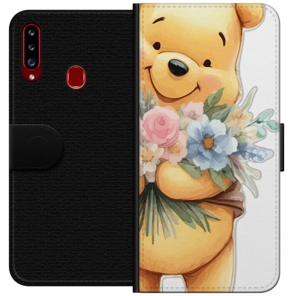 Samsung Galaxy A20s Lompakkokotelo Nalle Puh kukkien kanssa - klassinen lasten suosikki kukkivassa keväisympäristössä