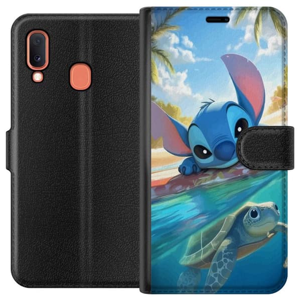 Samsung Galaxy A20e Plånboksfodral Stitch med sköldpadda – söt blå alien i tropisk strandmiljö från Disney