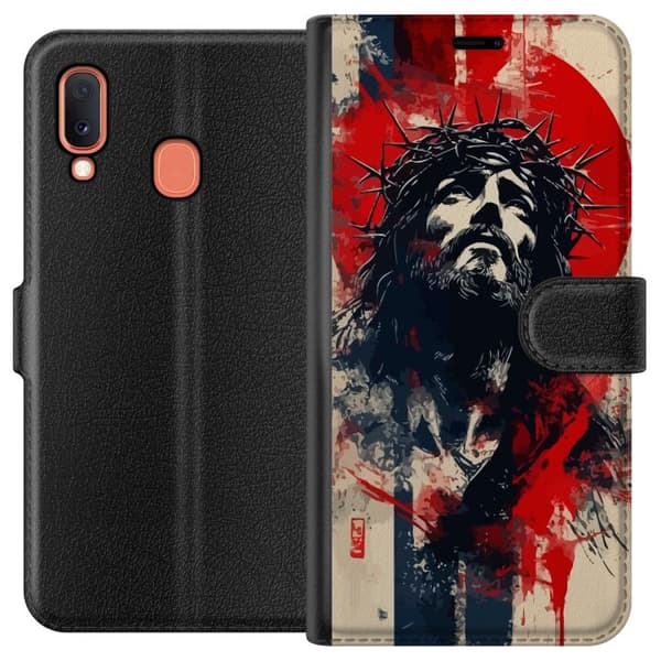 Samsung Galaxy A20e Tegnebogsetui Jesus med kors - kristent motiv med stærk symbolik om tro og håb