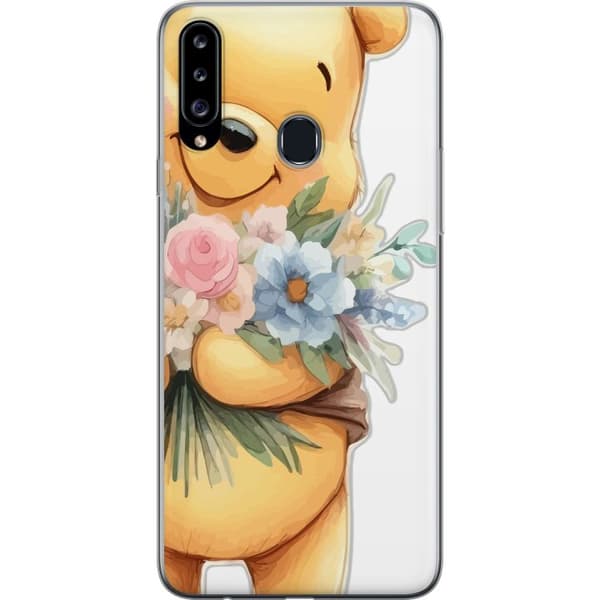 Samsung Galaxy A20s Gjennomsiktig deksel Nalle Puh med blomster - klassisk barnefavoritt i en blomstrende vår miljø