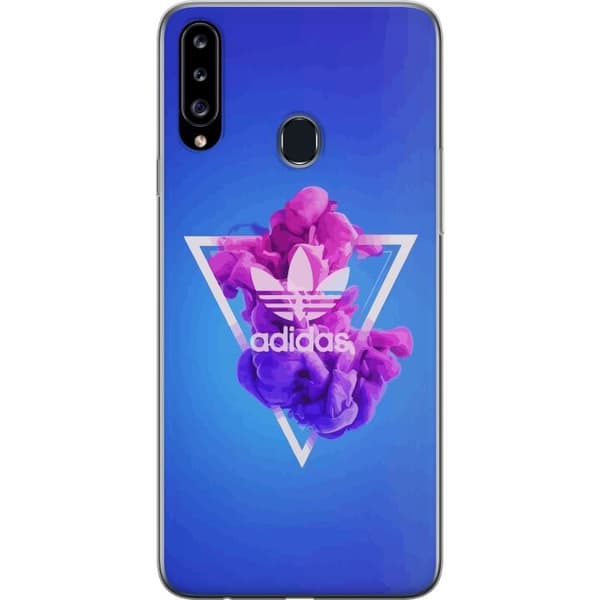 Samsung Galaxy A20s Gennemsigtig cover Adidas-inspireret blåt design - sporty motiv med retrovibe i blå toner