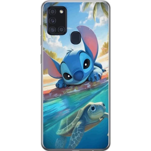 Samsung Galaxy A21s Gjennomsiktig deksel Stitch med skilpadde - søt blå alien i tropisk strandmiljø fra Disney