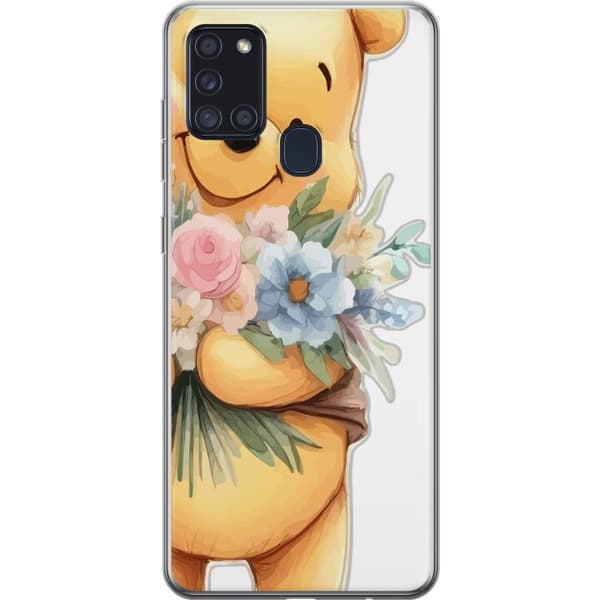 Samsung Galaxy A21s Genomskinligt Skal Nalle Puh med blommor – klassisk barnfavorit i blommande vårmiljö