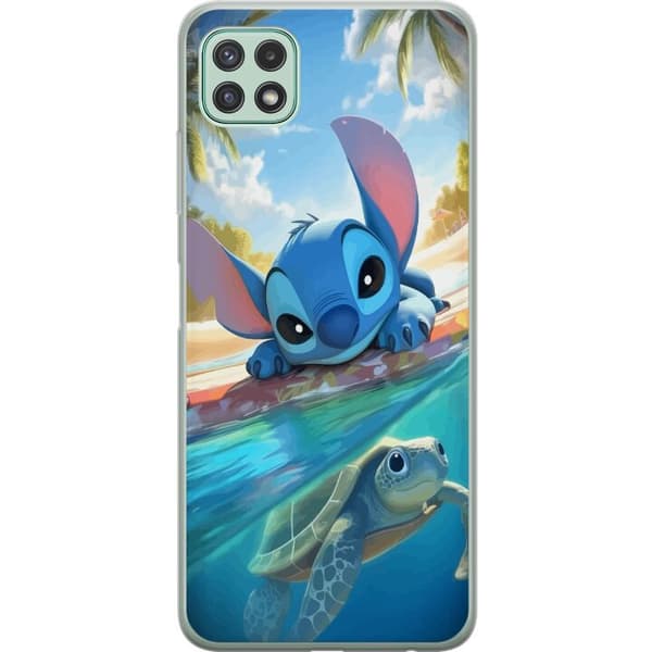 Samsung Galaxy A22 5G Läpinäkyvä kuori Stitch kilpikonnalla - söpö sininen avaruusolento trooppisessa rantaympäristössä Disneyn tapaan