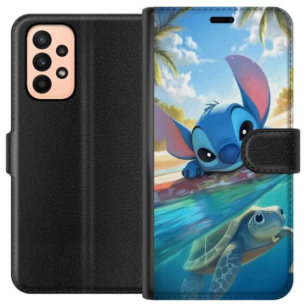 Samsung Galaxy A23 Tegnebogsetui Stitch med skildpadde - sød blå alien i tropisk strandmiljø fra Disney