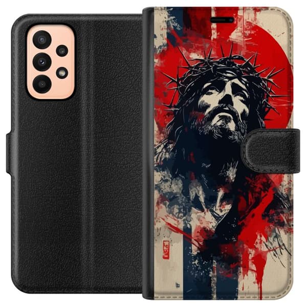 Samsung Galaxy A23 Plånboksfodral Jesus med kors – kristet motiv med stark symbolik om tro och hopp