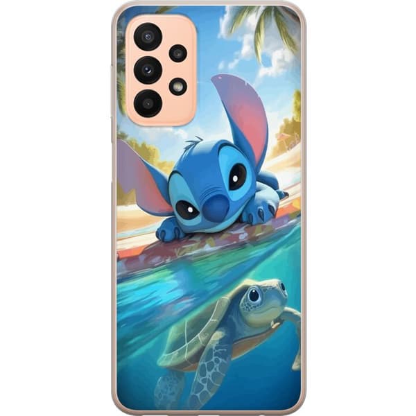 Samsung Galaxy A23 Gennemsigtig cover Stitch med skildpadde - sød blå alien i tropisk strandmiljø fra Disney