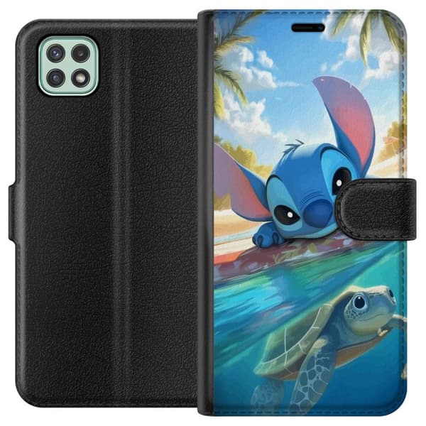 Samsung Galaxy A22 5G Tegnebogsetui Stitch med skildpadde - sød blå alien i tropisk strandmiljø fra Disney
