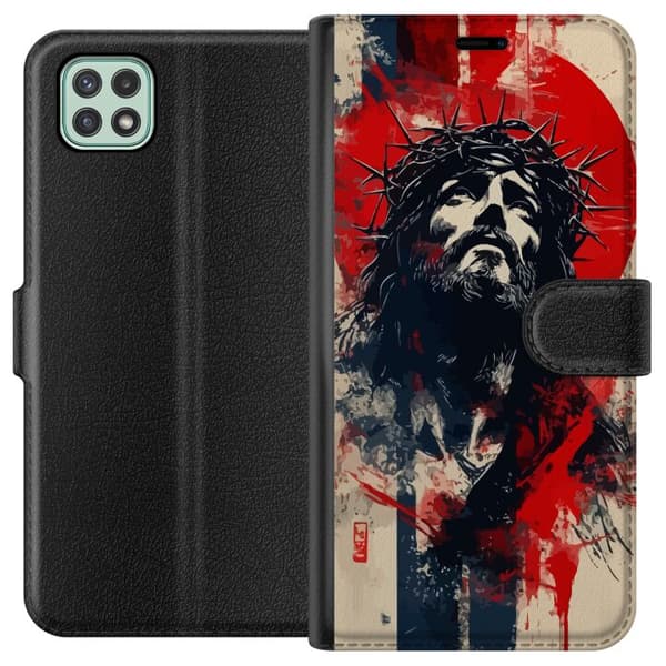 Samsung Galaxy A22 5G Lompakkokotelo Jeesus ristillä - kristillinen aihe vahvalla symboliikalla uskosta ja toivosta
