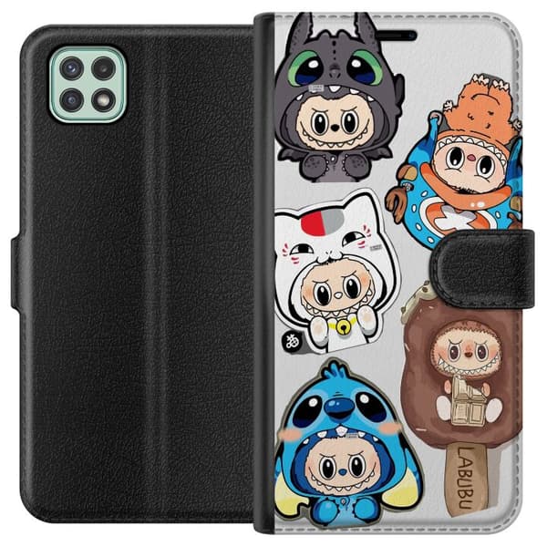 Samsung Galaxy A22 5G Lompakkokotelo Labubu hahmokokoelma - Pop Mart Labubu The Monsters väriluulisessa muotoilussa