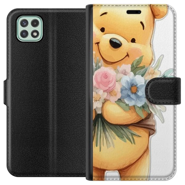 Samsung Galaxy A22 5G Tegnebogsetui Nalle Puh med blomster - klassisk børnefavorit i en blomstrende forårs miljø