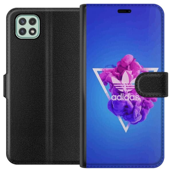 Samsung Galaxy A22 5G Lompakkokotelo Adidas-inspiroitunut sininen muotoilu - urheilullinen motiivi retro-vibeillä sinisissä sävyissä